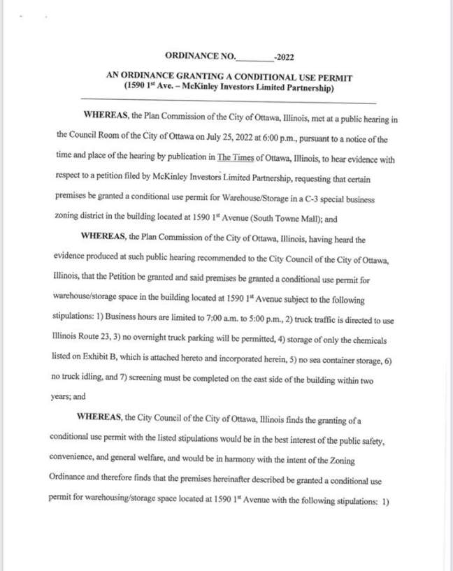 Chemical storage ordinance for Carus Chemical at Ottawa South Towne Mall