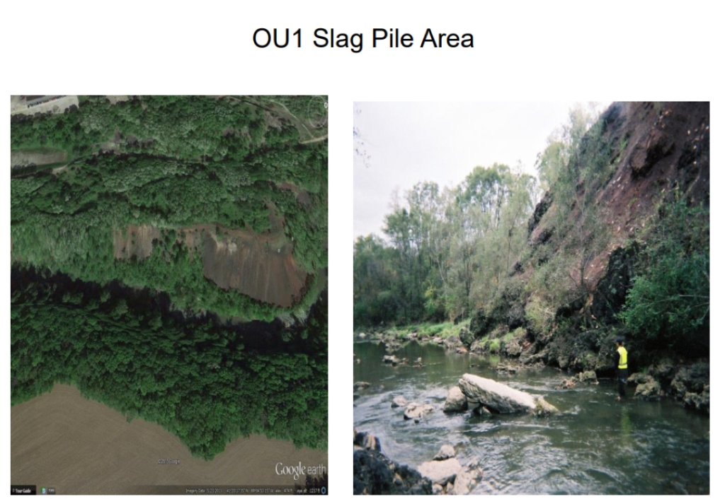 Slag pile along the Vermillion River, Owned by Carus Chemical, La Salle, Illinois. The slag is leaching contaminates into the groundwater, according to the U.S. EPA.