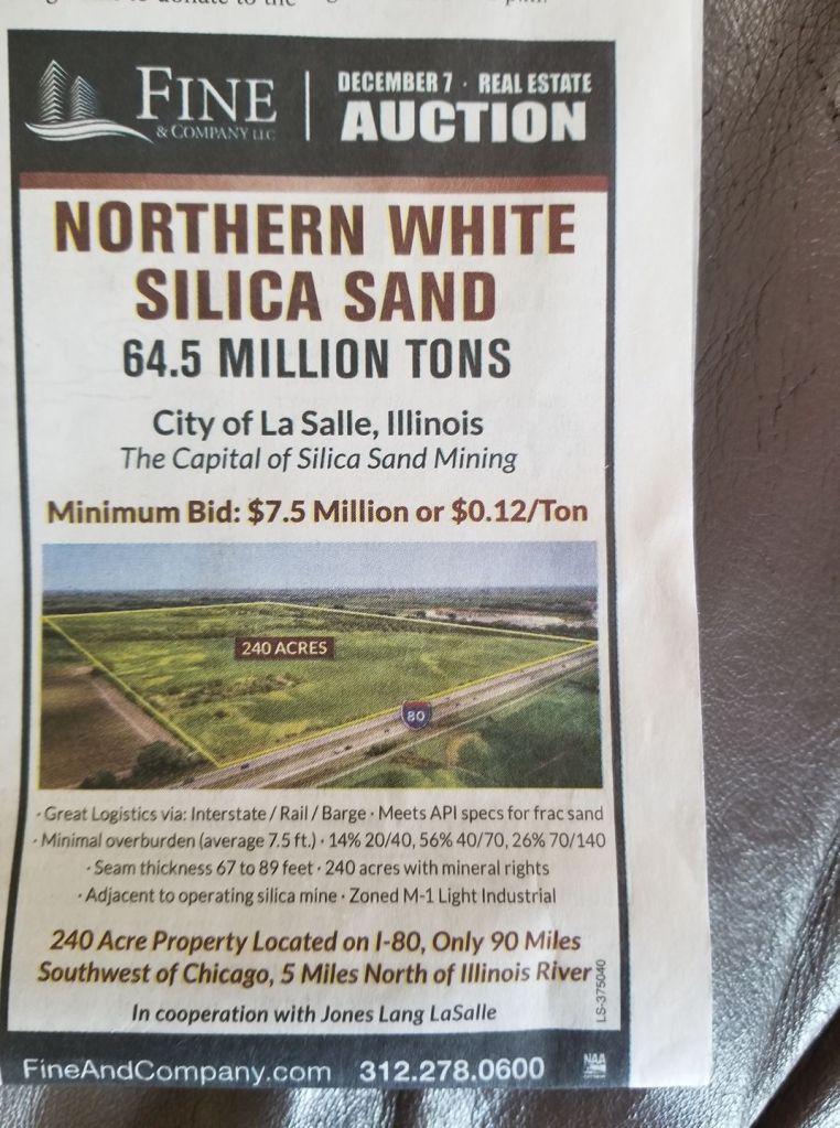 Farmland for sale classified ad targeting frac sand mining companies to buy land Illinois. The ad highlights its proximity to the interstate, railroad, and the Illinois River for shipping and logistics. The ad declares LaSalle, Illinois and the "The Capital of Silica Mining". Photo by: Rick Coleman 2017.