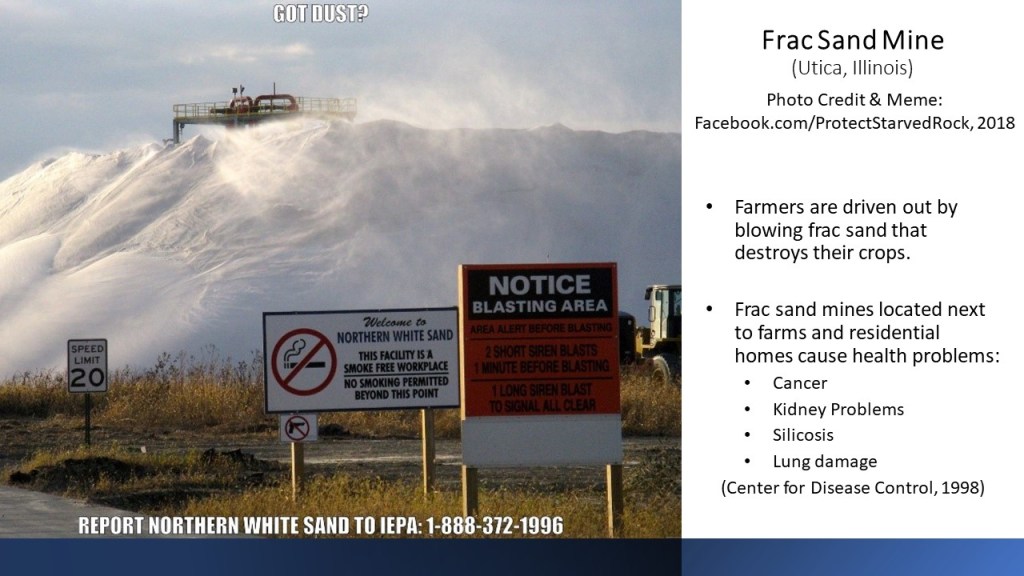 Piles of mined silica dust blow in the wind in Utica, Illinois. The sand batters nearby crops. Neighboring farmers filed a lawsuit to stop the mining but the court dismissed it after years of fighting. Photo by Ashley Williams