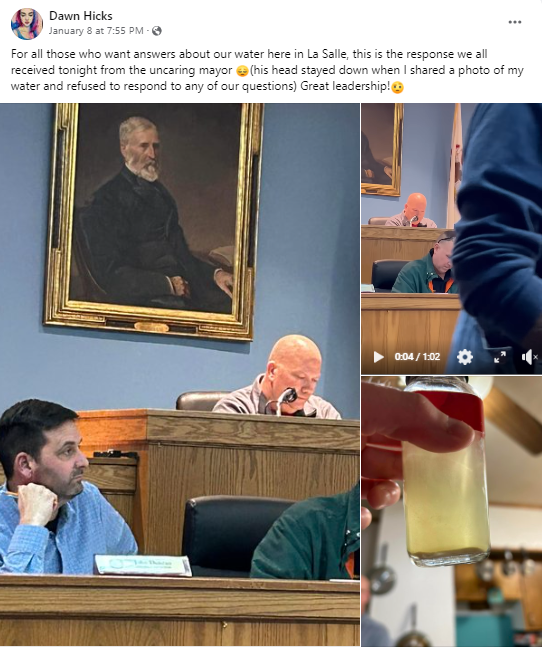 LaSalle Mayor Jeff Grove bows his head as he refuses to answer questions from residents about their water quality. January 8, 2024. Photo by Dawn Hicks.